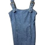 Forever 21 Y2K Denim Bodycon Mini Dress Large Blue Buckles Western Boho Fitted Casual Cute Photo 0