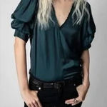 Zadig & Voltaire Taste V Neck Tiered Puff Short Sleeve Satin Blouse Top Small Photo 0