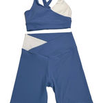Wilo The Label Blue/White Athleisure Set Criss Cross Sports Bra Shorts Size M/L Blue Size L Photo 0