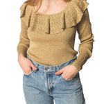 LAUREN Ralph Lauren Silk Blend Gold Metallic Ruffle Neck Trim Sweater Size L Photo 0