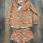 Plush Leopard Floral Satin Pajama Set with Shorts & Eye Mask Size XS Brown Photo 0
