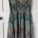 Dress Barn  Retro Print Flutter Hem Midi Dress  Teal Green Brown Whimsical Size 10 Photo 0