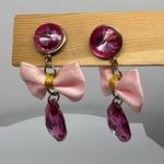 1980s Retro Pink Bow Drop Earrings with Faceted Teardrop Gem Statement Jewelry Photo 3