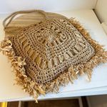 MW Tan Natural Fiber Straw Fringe Raffa Crochet Square Tote Shoulder Bag Photo 6