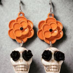 Skull Orange Flower Black Rose Eyes Drop Dangle Halloween Earrings‎ Faux Fashion Photo 0