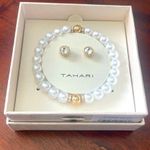 Tahari  White faux Pearl bracelet earring Circle Rhinestone Earrings Gift Set New Photo 1