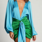 NEW THE DOLLS HOUSE Beaudelle Satin Bodysuit, Turquoise, XS Blue Photo 0