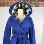 Blue Hooded Double Breasted Trench Coat Womens Size Small Casual Retro Fashion Photo 1