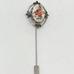 Vintage 1960s Silver Tone Floral Hand Painted Ceramic Plate Stick Pin Brooch Photo 0