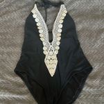 Kona Sol  Crochet Trim Black Plunge One Piece Swimsuit Size Large Photo 1