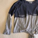 Socialite Distressed Tie Front Sweatshirt Blue and Grey Sz L Photo 5