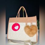 Betsey Johnson Heart Quilted Tote Bag Beige Cream with Fuzzy Heart Charm NWT Photo 2