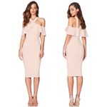 Nookie  Hermosa Midi Dress Blush Pink Ruffle Off Shoulder Stretch Cocktail L NWT Photo 0