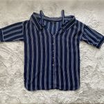 Love j  Navy Blue Stripped Long Sleeve Strap Long Blouse Button up size S Photo 4