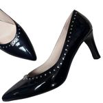 Brighton Young Black Patent Leather 3" Heels Sz 7.5 Silver Studs Etched Detail Photo 4
