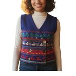Vintage Blue Knit Cotton Christmas Holiday Sweater Vest Reindeer Womens Medium Photo 1