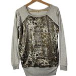 Mystree Gray Mixed Media Leopard Sequin Long Sleeve Top S Photo 0