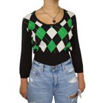 Nine West 2000s Vintage Y2k Black & Green Preppy Argyle Sweater Large Scoopneck Photo 5