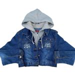 Vintage Blue Denim Jean Embroidered Cropped Hoodie Sweater Jacket Size L Photo 0