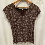 Carolyn Taylor Y2K chocolate brown scalloped trim crinkle lightweight cottagecore top v-neck Photo 1