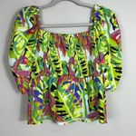 CROSBY by Mollie Burch Flamingo Tropical Print Top Smocking Puff Sleeve Sz Med Photo 0