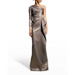 Rickie Freeman Teri Jon Bronze One Shoulder Jacquard Peplum Formal Gown 16 Silver Photo 1