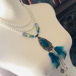 Handcrafted filigree teardrop Czech Pearl genuine emerald stone clasp necklace Blue Photo 2
