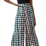 PatBo Check Print Tie Waist High Rise Slit Wide Leg Satin Pants 4 FLAWED Blue Photo 0