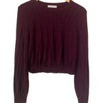 Free People  Jersey Top Burgundy Knit Crop Long Sleeve Blouse Elastic Waist Small Photo 2