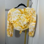 EXPRESS yellow floral linen blend tie front long sleeve crop top Photo 3