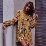 Womens Floral Boho Crochet Accent Lantern Sleeve Dress sz small Yellow Photo 8