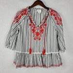 Kate Spade Womens Blouse Size XS Gray Striped Embroidered Tassels Boho Peasant Photo 0