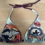 Vintage biker string bikini top, clasp back rhinestone eagle, no pads; 9 Photo 0