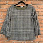 Allison Joy Allison‎ Joy Womens Plaid Knit Blouse Top Houndstooth Bell Sleeves Size Small Photo 0