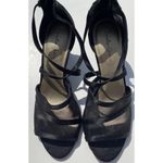 Amelia Grace Shoes Women’s Size 10 Palm Print Fabric Heels Slip On Open Toe Heel Black Photo 2