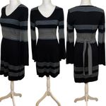 prAna Sweater Dress Sydney Long Bell Sleeve Stripe Knit V-neck Black Gray Medium Photo 2