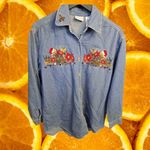 Bobbie Brooks Denim Embroidered‎ Floral Button Up Shirt Size Medium Blue Photo 4