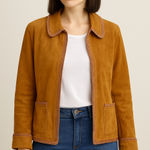 Christopher & Banks Cognac Suede Leather Jacket Size XL Zip Front Crochet Trim Photo 0