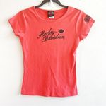 Harley Davidson Harley-Davidson Tee Coral Crew Neck Black Metallic Logo Top Sz M EUC Meredith NH Photo 0