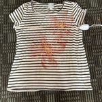Sunday women's S top black/white stripe with floral cap sleeves scoop neck EUC Photo 2