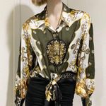Soho NYC Green/Gold Scarf Print Front Tie Blouse S Photo 7