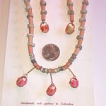 MAKU Handmade Vintage Pottery Beaded Basket Necklace and Earring Set Pink Photo 3