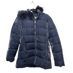 Loft  Velvet Puffer Jacket Navy Blue Womens Size Medium Hooded Faux Fur Photo 0