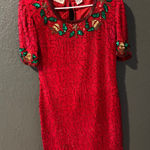 Laurence Kazar  Vintage Sequins Red Dress with Green and Gold Embellishments Photo 0