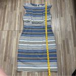Calvin Klein Blue/Gray/White Striped Sheath Dress with Silver Belt, Size 10 Photo 2