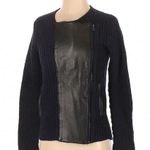 Madewell  Dark Navy Ribbed Merino Wool Motorcycle Sweater Leather Trim Size XS Photo 4