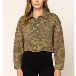 POL Camo Floral Cropped Denim Jacket Women’s Size M – Military Utility Style Photo 0
