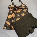 Floral Print Tankini Swimsuit Set With Boyshorts For Women Black & Orange Size L Photo 0