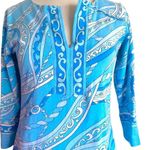 Barbara Gerwit Baby Blue Paisley Print 3/4 Sleeve Slit Neck Summer Mini Dress Photo 2