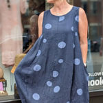 Me & Gee Dots Tank Dress in Blue wi/White Large Polka Dots 100% Linen Women's L Photo 0